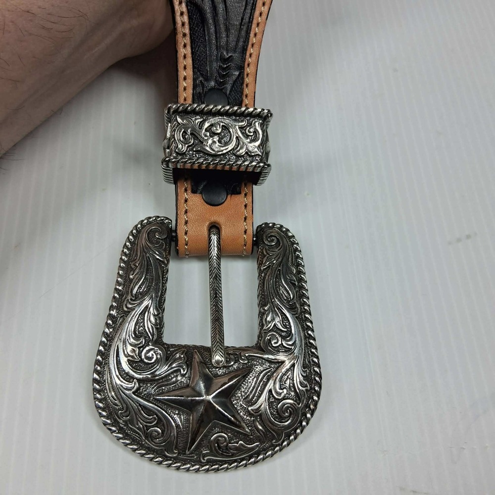 Justin Mens Black Tan Tooled Leather Western Belt Silver Star Buckle 46 C11063